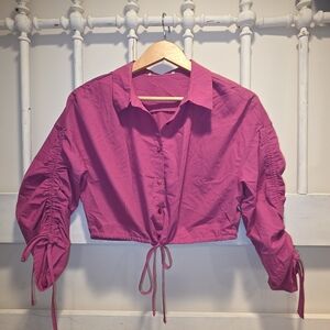 Pink Ruched Sleeve Crop Top